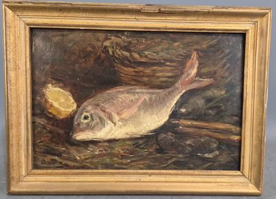 un tableau représentant un poisson et un morceau de pain posés sur une table