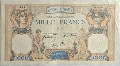 1000 francs Céres et Mercure 20/10/1938, SUP+
