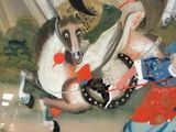 a painting of a man riding a horse with a goat on it