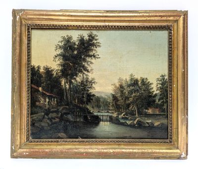 painting of a river scene with a boat in the foreground and a village in the background