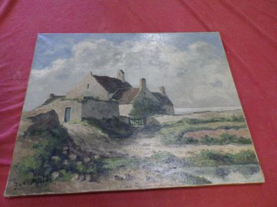 une vieille photo représentant une peinture d'une maison sur une toile rouge