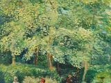 une peinture représentant une femme assise sur un banc dans un parc