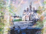une peinture à l'huile représentant un couple assis sur un banc devant une cathédrale