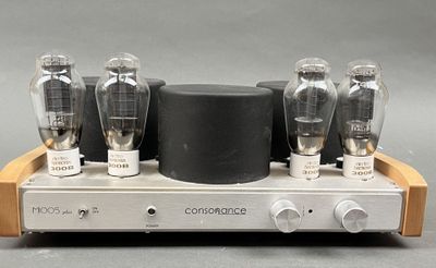 une photo en gros plan d'un amplificateur à lampes posé sur une table