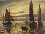 painting of a group of sailboats in a body of water