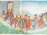 an open book with a picture of a group of people on horseback