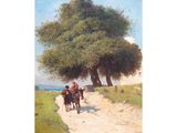 a painting of a man riding a horse down a dirt road