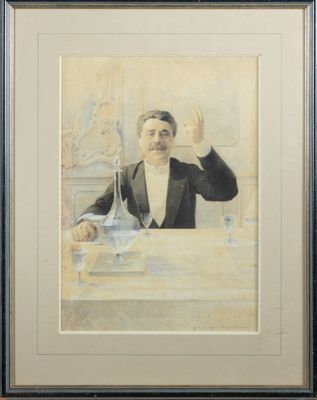tableau représentant un homme en smoking assis à une table avec un verre de vin
