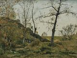 une image représentant une peinture d'une zone boisée, avec des arbres au premier plan et une colline à l'arrière-plan