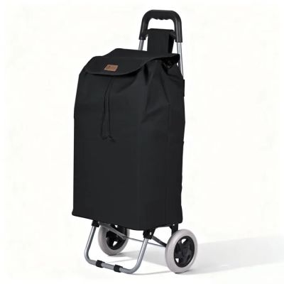 un caddie noir muni de roulettes et sur lequel est posé un sac