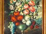 painting of a vase of flowers on a table in a gold frame