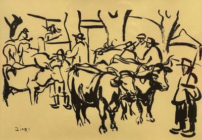 dessin représentant un groupe d'hommes avec des bœufs tirant une charrette
