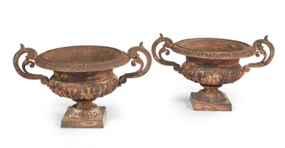 paire d'urnes antiques en bronze sur socles, sur fond blanc
