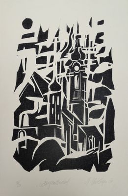 une image représentant un dessin en noir et blanc d'une ville avec une tour horloge