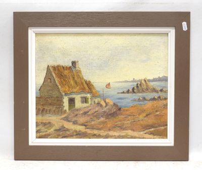 an image of a painting of a house by the water
