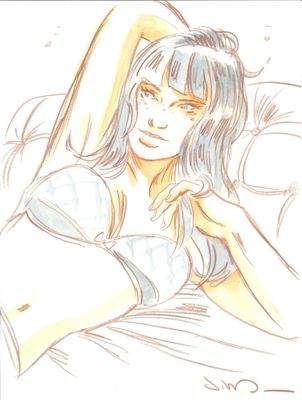 dessin représentant une femme allongée dans son lit, la main posée sur la poitrine
