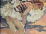 an oil painting of a woman in a white dress sitting on a chair