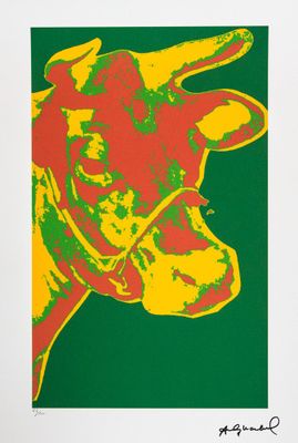 an image of a painting of a cow on a green background