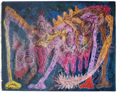 peinture abstraite représentant un cheval et un homme avec un cheval dessiné dessus