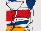 an image of a painting of a red, white, and blue chair