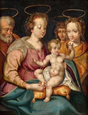 un tableau représentant un groupe de personnes avec un bébé et des anges