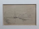 drawing of a sailboat in a body of water with a castle in the background