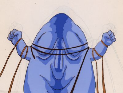 a drawing of a blue man with a rope around his neck