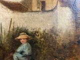an oil painting of a child sitting in front of a house