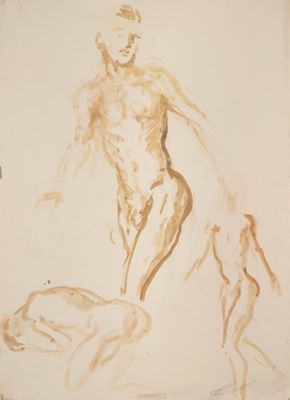 une image représentant un dessin d'un homme debout à côté d'un chien