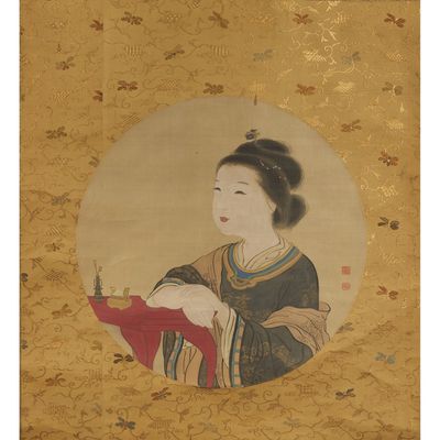 an oriental painting of a woman holding a baby in her arms