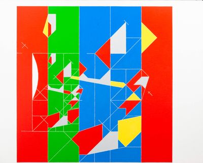 an image of a painting of a plane flying over a colorful background