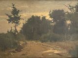 an image of a painting of a dirt road with trees in the background
