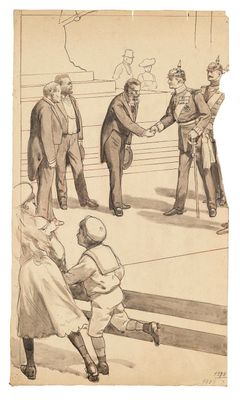 an old drawing of a group of men shaking hands in a boxing ring