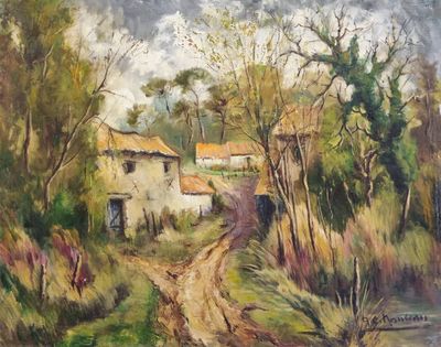 an oil painting of a dirt road leading to a white house