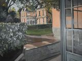 une peinture représentant une grande maison au bord de la route
