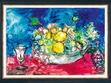 painting of a bowl of fruit on a table with a wine glass