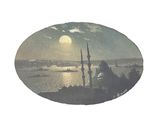 tableau représentant une vue sur un plan d'eau avec une tour horloge au loin
