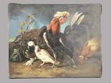 a painting of a rooster and other birds in a field