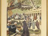 tableau représentant un groupe de personnes assises sous un arbre devant un bâtiment