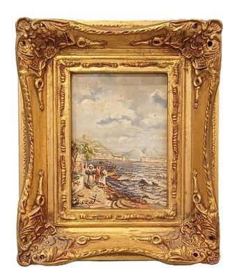 une image représentant un tableau représentant une scène de plage, dans un cadre doré