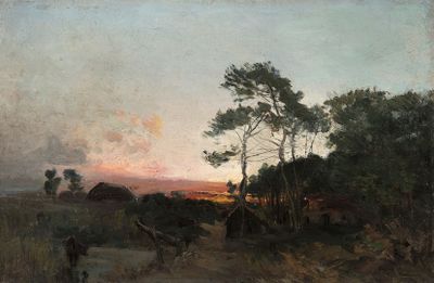 an image of a painting of a sunset in a field