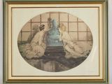 painting of two women sitting in front of a vase in a room