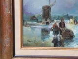 a picture of a painting of people on a boat in the water