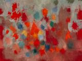 une peinture abstraite représentant des fleurs rouges et bleues sur un fond rouge