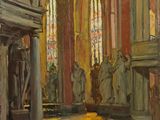 une image représentant un tableau d'une église avec des statues au premier plan