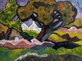 peinture représentant un tableau représentant un arbre avec une montagne en arrière-plan