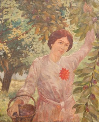 une peinture à l'huile représentant une femme cueillant des fruits sur un arbre