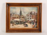 an oil painting of a street scene with a church steeple in the background