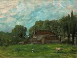 a painting of sheep grazing in a field next to a barn