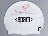 the back of a white swimming cap with the word spam written on it